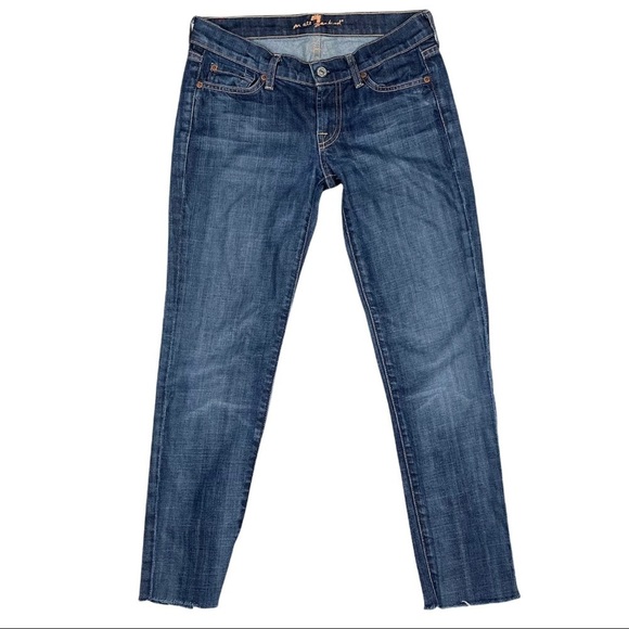 7 for all Mankind Slim Fit Jeans‎ Women's Size 26 Raw Hem Dark Wash Mid Rise - Picture 2 of 7